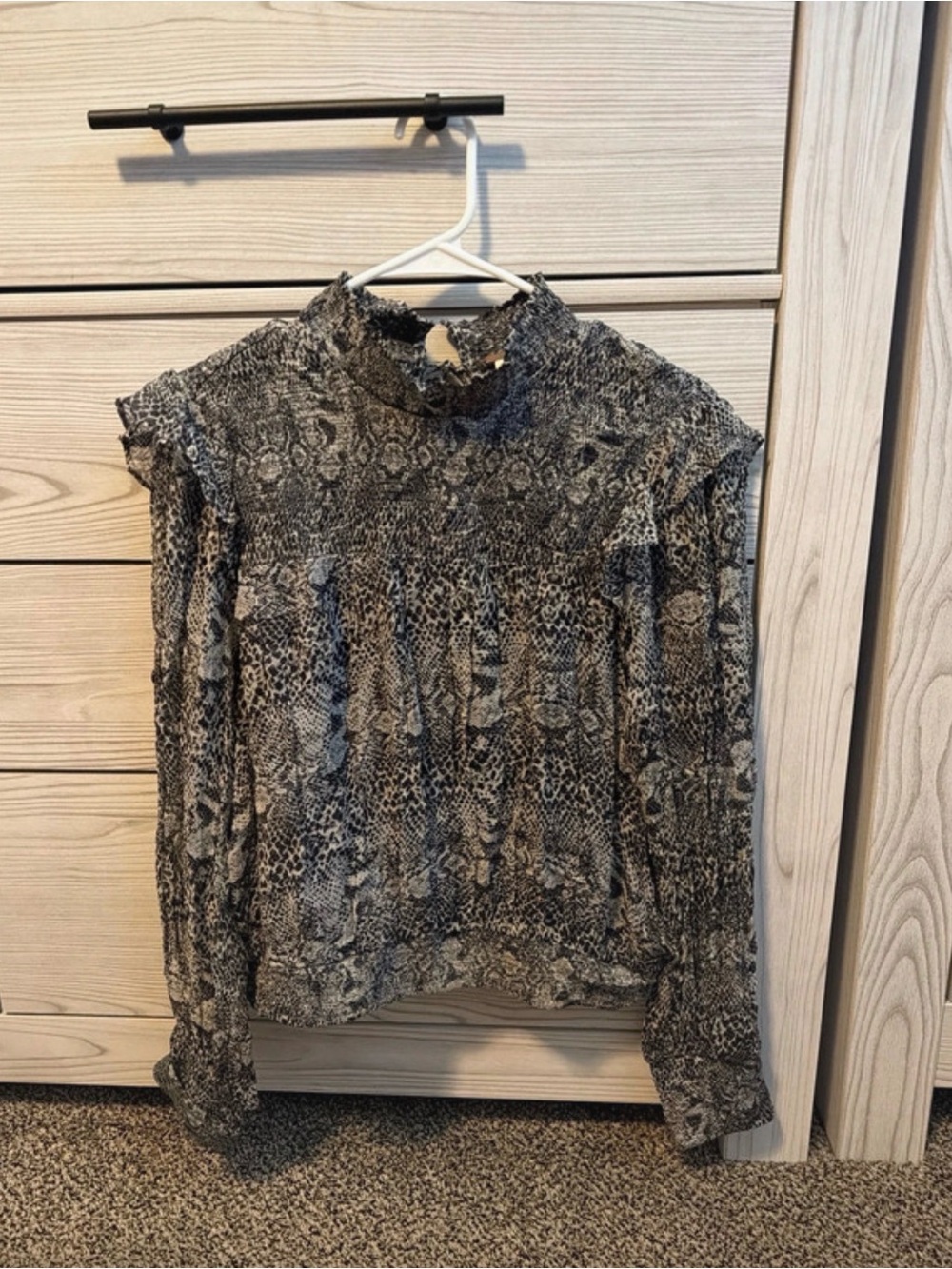 Free People Black and Gray Animal Print Mock Neck Blouse